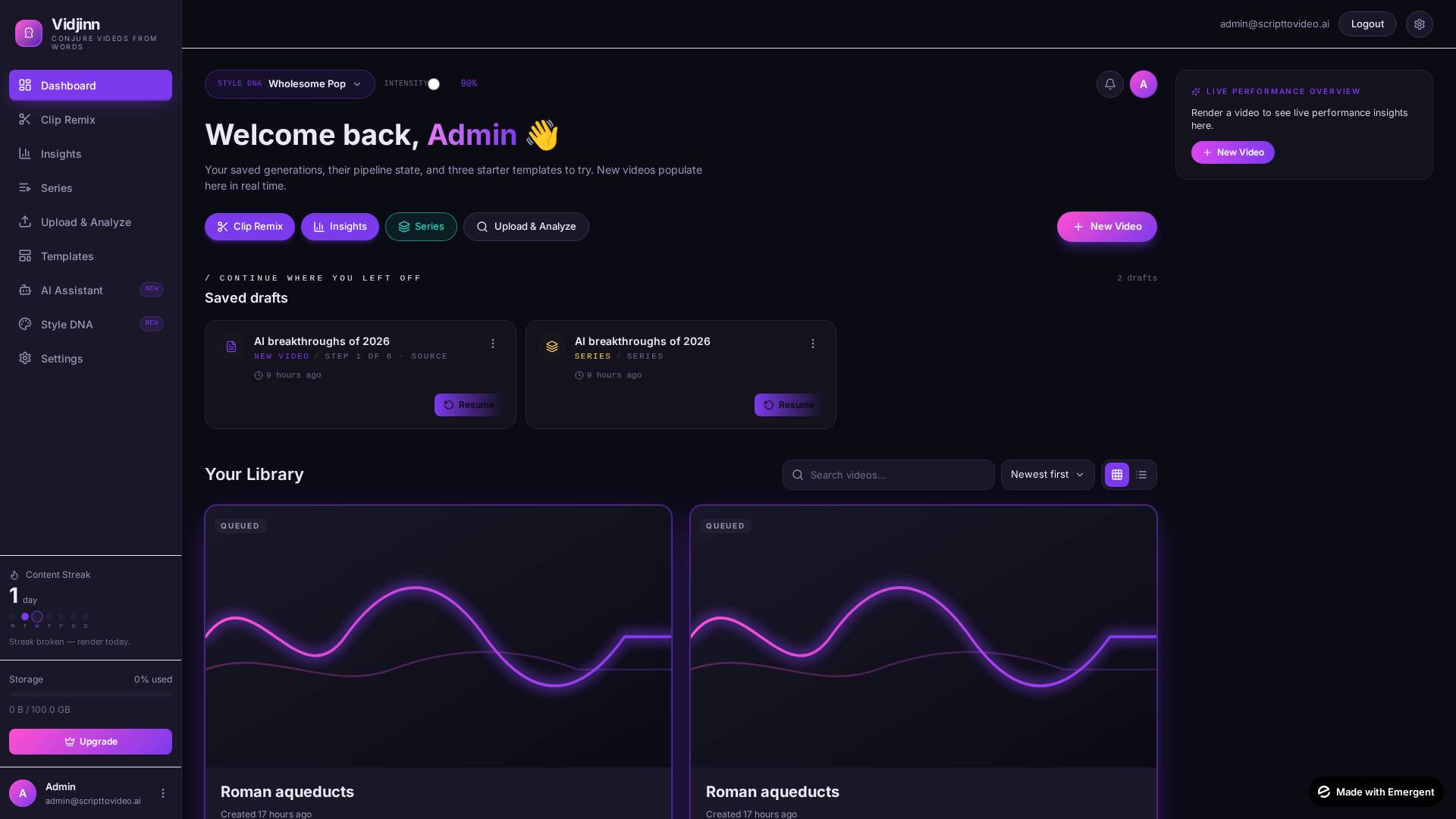 Dashboard library with rendered video cards
