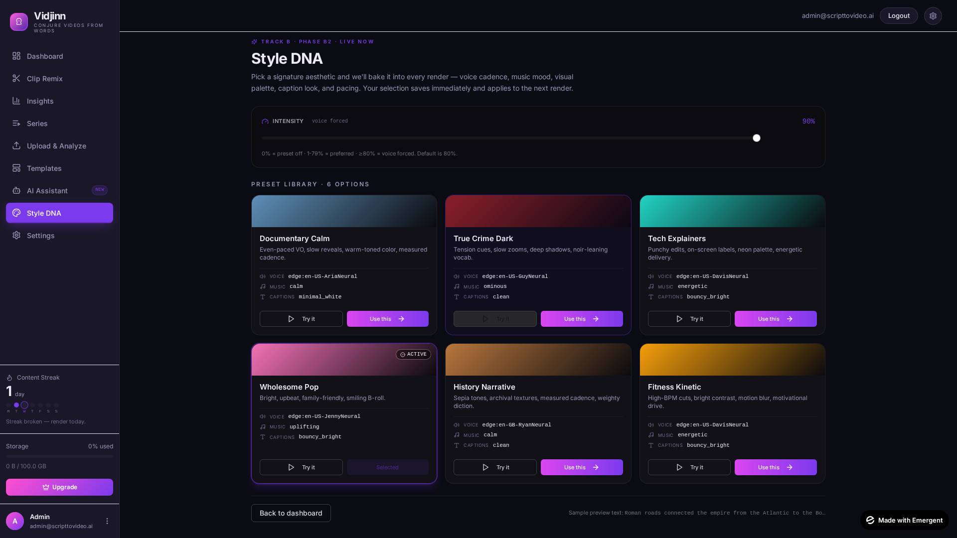 Style DNA preset cards with intensity slider